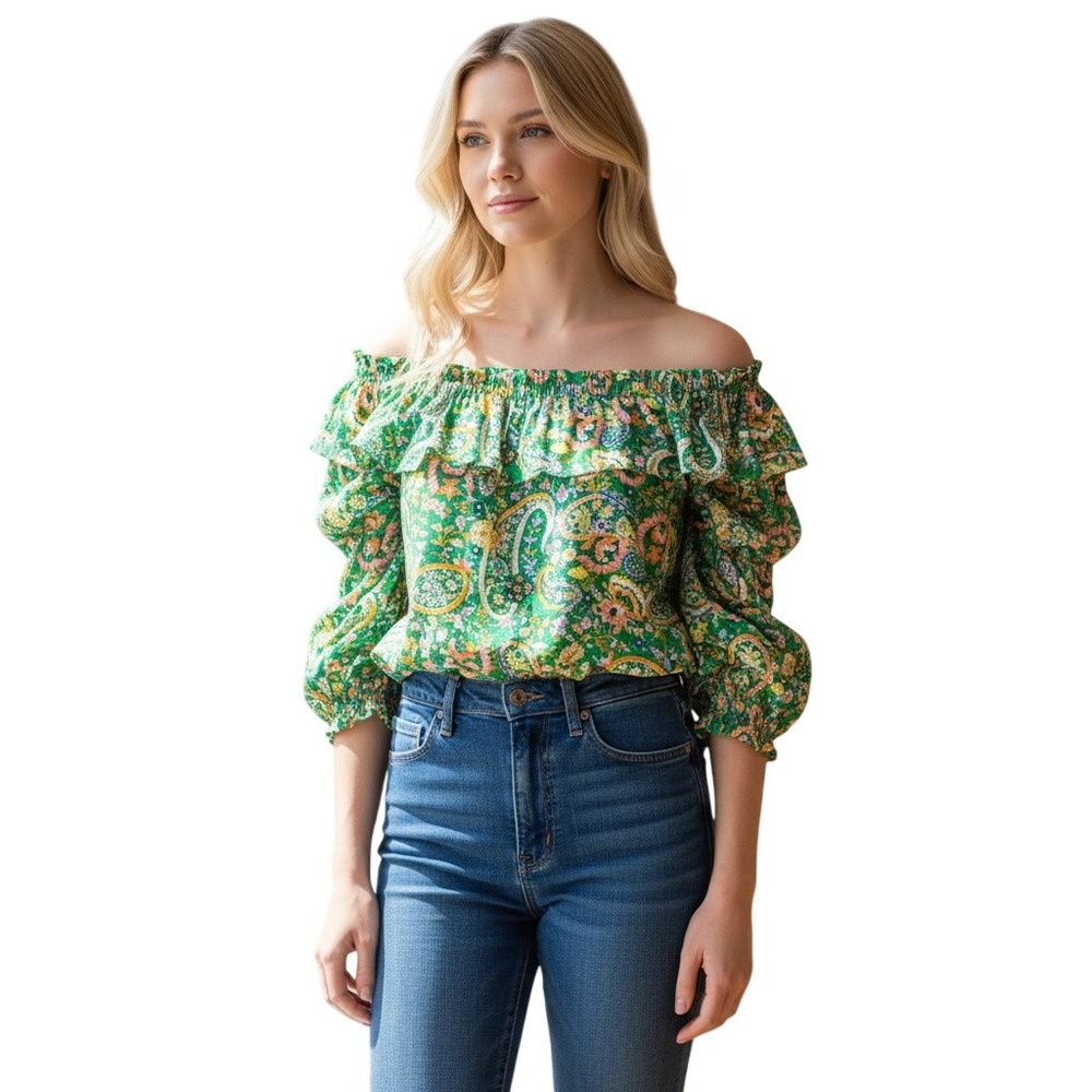Vince Camuto Womens XL Getaway Green Paisley Off The Shoulder Ruffle Blouse